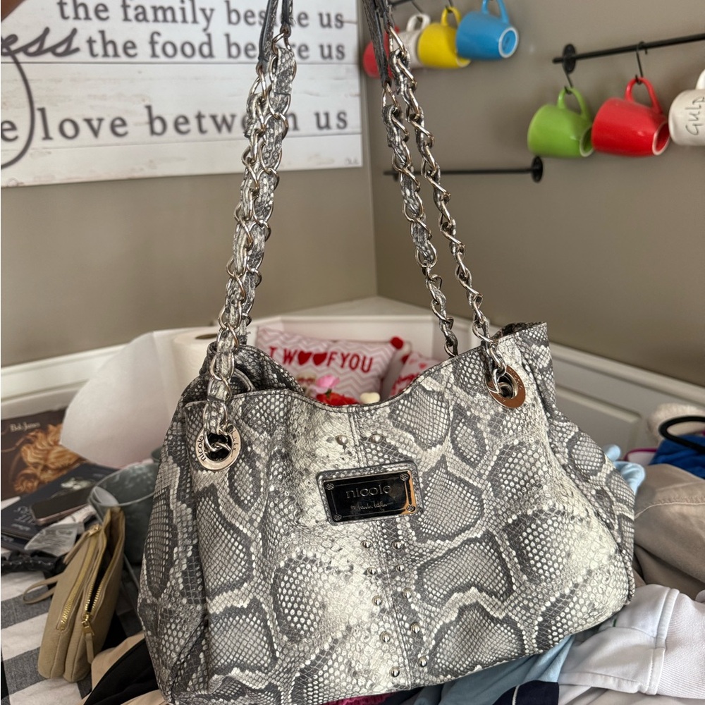 Nicole Lee Black and Gray Snake Print Shoulder Bag